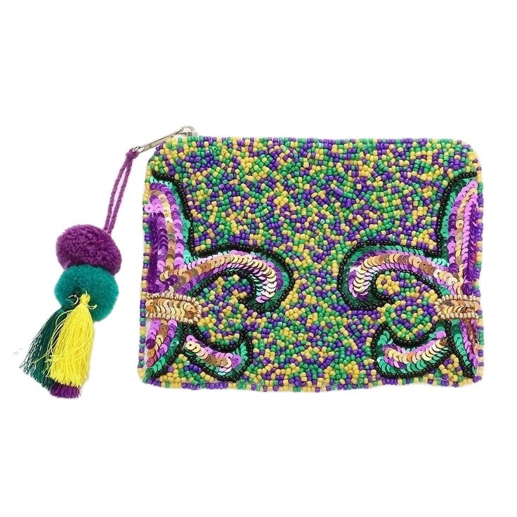 MARDI GRAS mini bag seed bead sequin fleur de lis pom pom tassel mini coin pouch