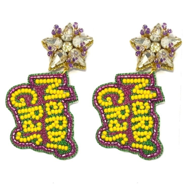 seed bead mardi gras alligator jester drop earrings fleur de lis earrings