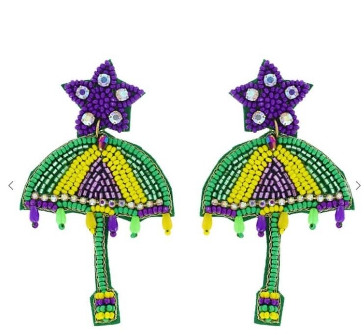 Mardi Gras Umbrella seed bead embroidery earrings