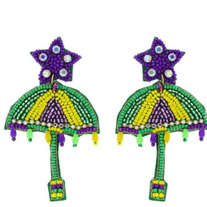 Mardi Gras Umbrella seed bead embroidery earrings