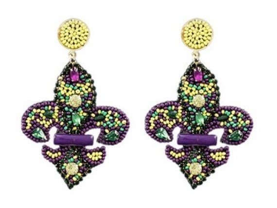 little lily - fleur de lis mardi gras seed beads embroidery earrings from india handmade earrings for women and girls