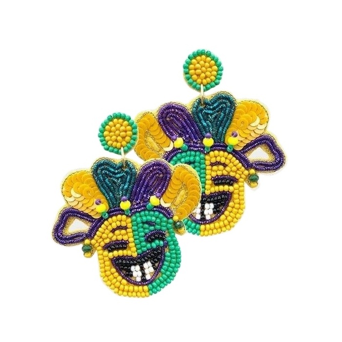 seed bead mardi gras alligator jester drop earrings fleur de lis earrings