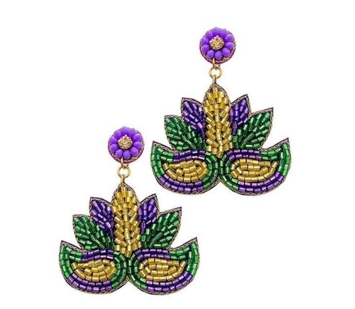 Mardi Gras Umbrella seed bead embroidery earrings