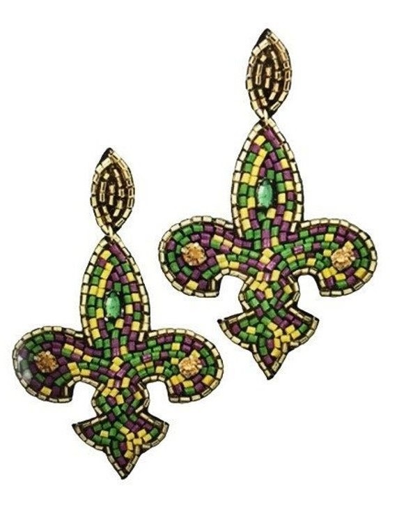 little lily - fleur de lis mardi gras seed beads embroidery earrings from india handmade earrings for women and girls