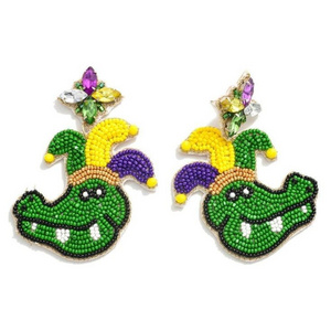 seed bead mardi gras alligator jester drop earrings fleur de lis earrings