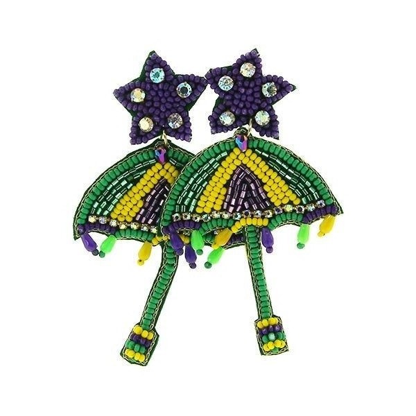 Mardi Gras Umbrella seed bead embroidery earrings