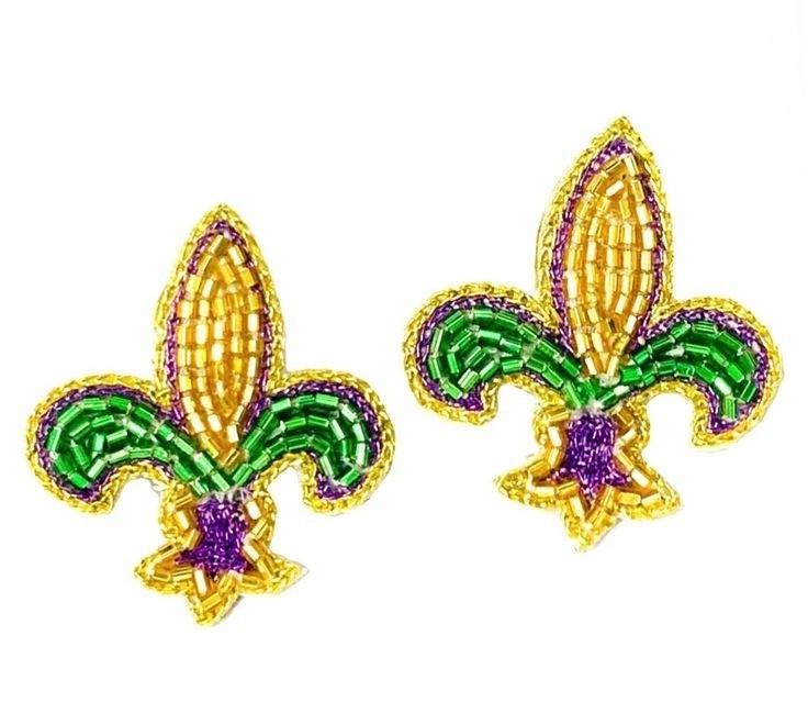 little lily - fleur de lis mardi gras seed beads embroidery earrings from india handmade earrings for women and girls