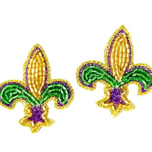 little lily - fleur de lis mardi gras seed beads embroidery earrings from india handmade earrings for women and girls