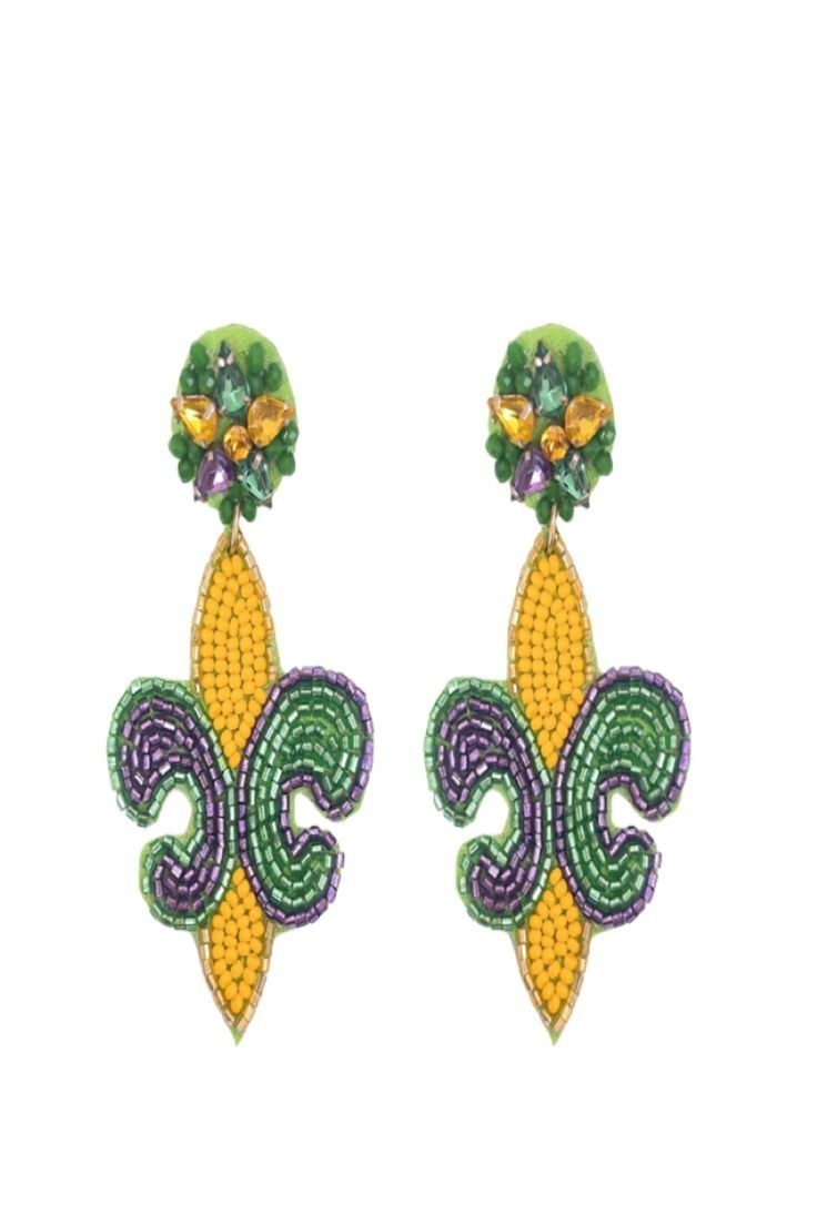 little lily - fleur de lis mardi gras seed beads embroidery earrings from india handmade earrings for women and girls