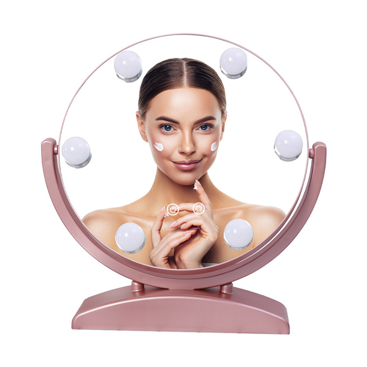 custom tabletop led round pink vanity makeup mirror 360 degree rotatable smart hd glass mirror with bulbs