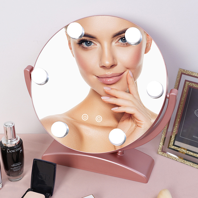 custom tabletop led round pink vanity makeup mirror 360 degree rotatable smart hd glass mirror with bulbs