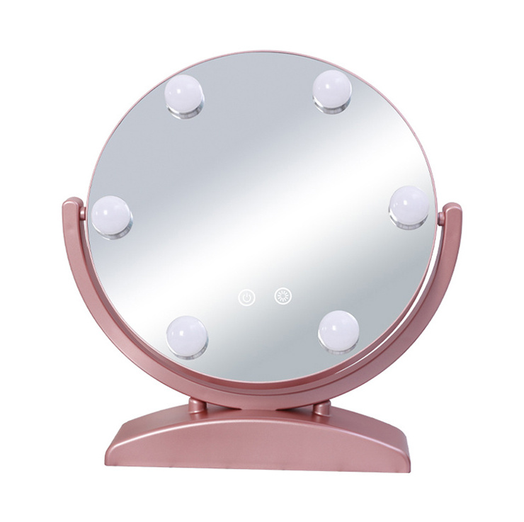 custom tabletop led round pink vanity makeup mirror 360 degree rotatable smart hd glass mirror with bulbs