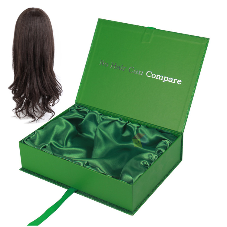 luxury satin lining different color glitter paper gift hair extension wig boxes custom logo packaging with ribbon