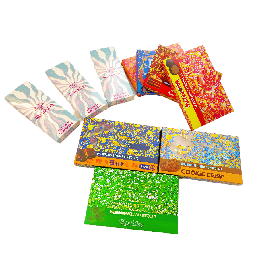 luxury small one up psychedelic exotic mushroom white candy chocolate strawberry bar paper boxes packaging with window