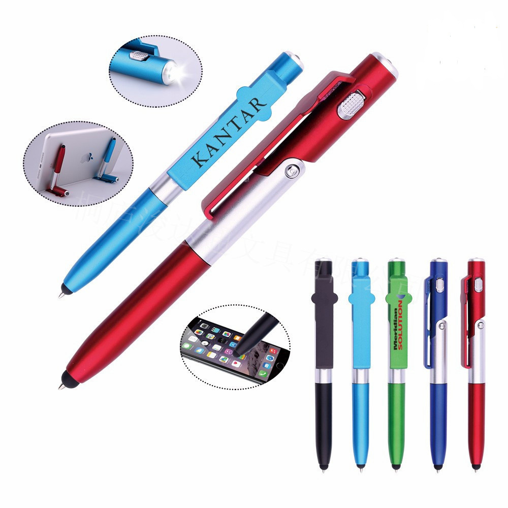 Hot Sale 4 in 1 multi-functional LED flashlight folding touch capacitive ballpoint pen with tablet cellphone stand holder