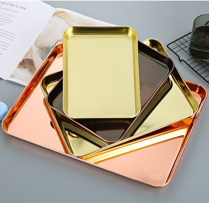 Rectangular stainless steel deep baking golden rose gold tray stainless steel food serving tray