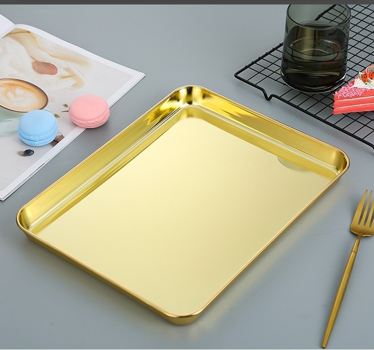 Rectangular stainless steel deep baking golden rose gold tray stainless steel food serving tray