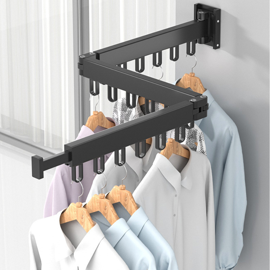 Folding Extendable Clothes Hanger Drying Rack Indoor Aluminum Home Laundry Clothesline Wall Mount Retractable Clothing Dry Rack