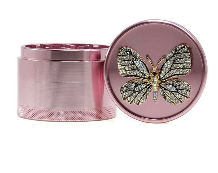 63MM aluminum 4 layer diamond butterfly pink grinder for women