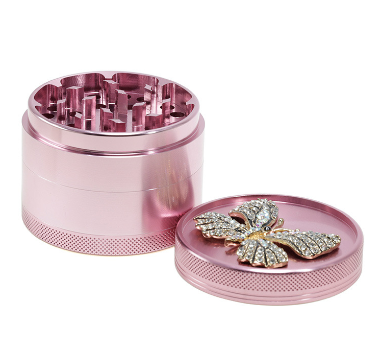 63MM aluminum 4 layer diamond butterfly pink grinder for women