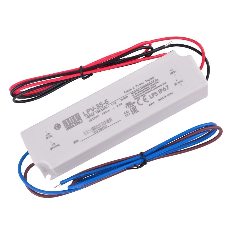 Meanwell 35W ac to dc smps RGB LED Driver LPV-35-5 Plastic Case Waterproof IP67 5V 5A Switching Power Supply