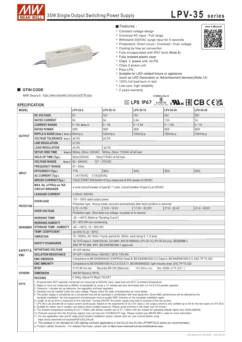 Meanwell 35W ac to dc smps RGB LED Driver LPV-35-5 Plastic Case Waterproof IP67 5V 5A Switching Power Supply