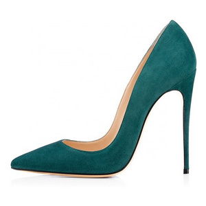 Handmade high heel office shoes pointy toe green suede 4.7 inches stiletto dress shoes