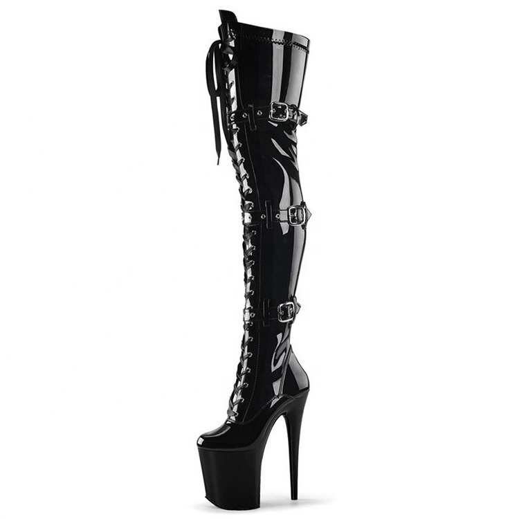 Handmade buckle straps 20cm 23cm super high heel jazz dance boots women's lace up knee high boots