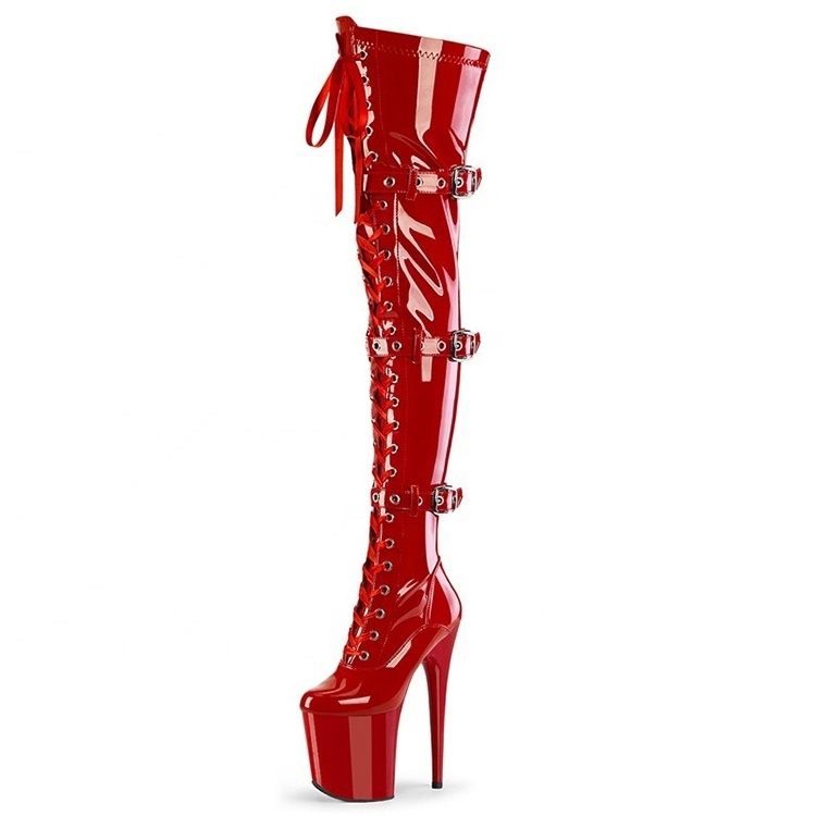 Handmade buckle straps 20cm 23cm super high heel jazz dance boots women's lace up knee high boots