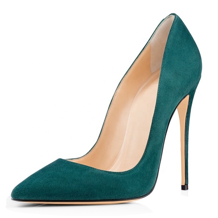 Handmade high heel office shoes pointy toe green suede 4.7 inches stiletto dress shoes