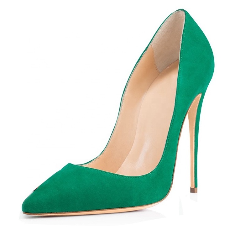 Handmade high heel office shoes pointy toe green suede 4.7 inches stiletto dress shoes