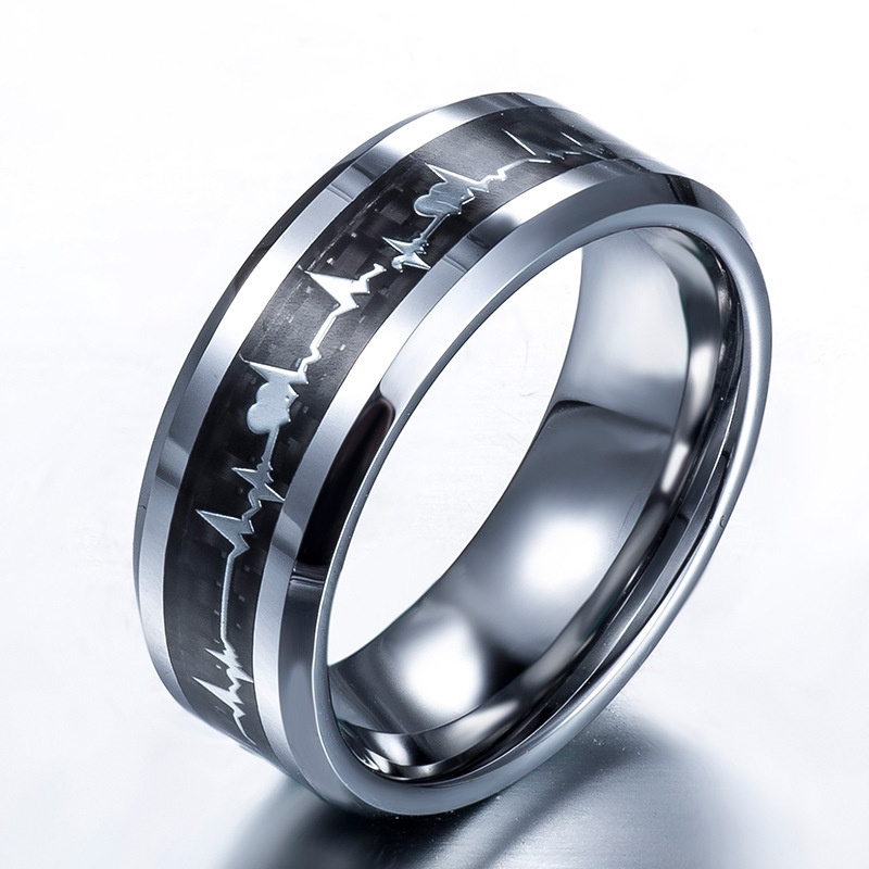 MECYLIFE Carbon Fiber Ring Cardiogram Tungsten Carbide Ring