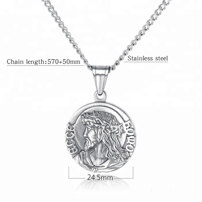 MECYLIFE Stainless Steel Jewelry Religious Pendant Necklace Medallion Necklace Jesus Pendant