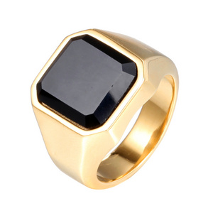 MECYLIFE Big Stone Ring for MEN 18k Gold Stainless Steel Square Black Stone Rings