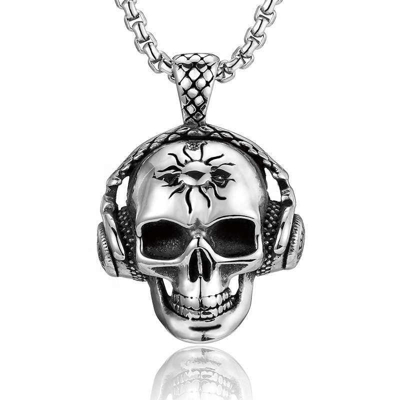 MECYLIFE Dj Gift Skull Headphone Pendant Stainless Steel Men's Skull Necklace Skull Pendant with Earphones