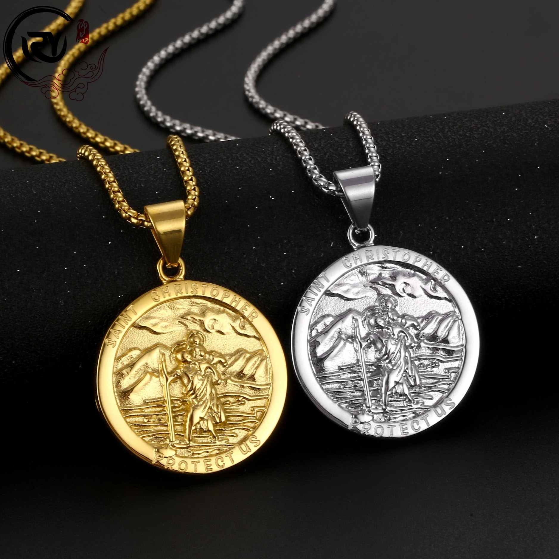 MECYLIFE Hiphop Medallion St Pendant 18K Gold Plated Religious Stainless Steel Christian Saint Christopher Protect Us Necklace