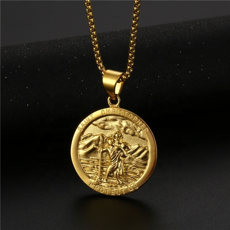 MECYLIFE Hiphop Medallion St Pendant 18K Gold Plated Religious Stainless Steel Christian Saint Christopher Protect Us Necklace