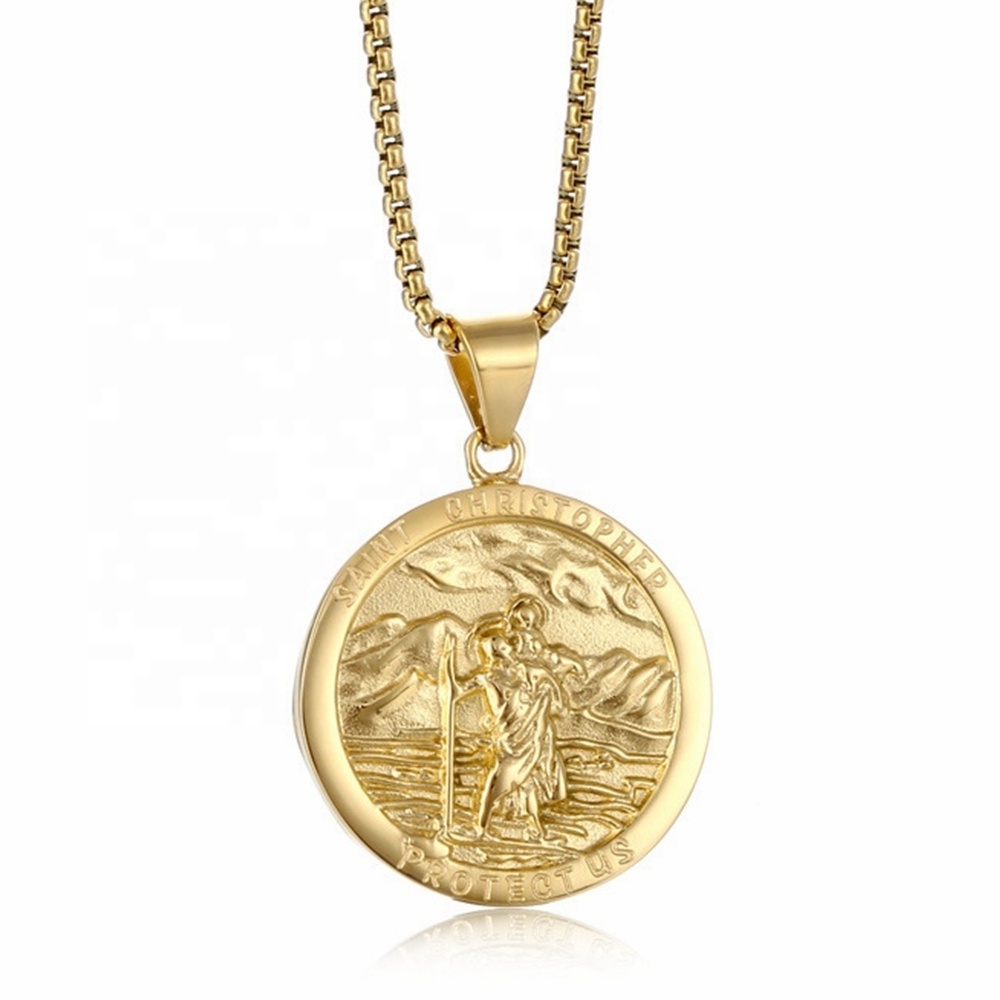 MECYLIFE Hiphop Medallion St Pendant 18K Gold Plated Religious Stainless Steel Christian Saint Christopher Protect Us Necklace