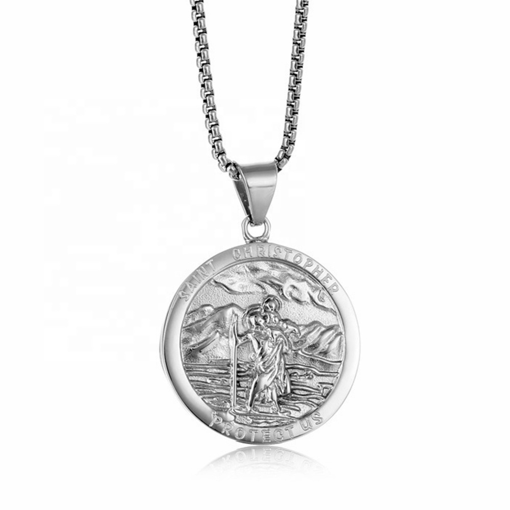 MECYLIFE Hiphop Medallion St Pendant 18K Gold Plated Religious Stainless Steel Christian Saint Christopher Protect Us Necklace