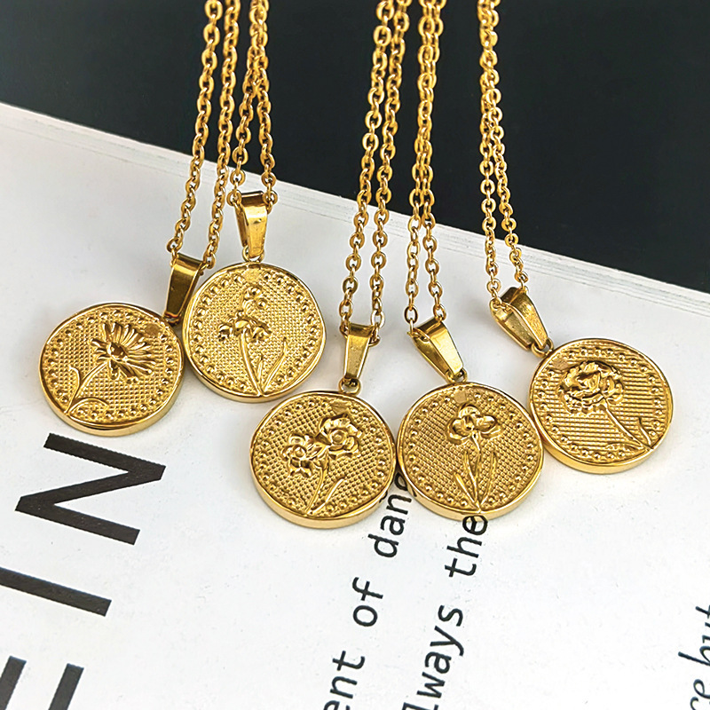 MECYLIFE Personalized Gift 18K Gold Jewelry Stainless Steel Medal Flower Necklace Coin Necklace Birth Month Flower Necklace