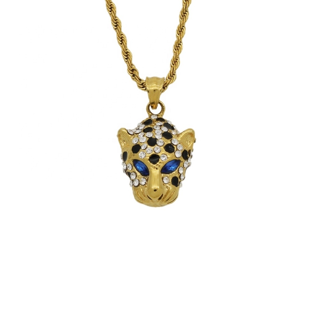 MECYLIFE Hip Hop Bling Bling Leopard Pendant Gemstone Eye Panther Pendant 18K Gold Plated Stainless Steel Cheetah Necklace