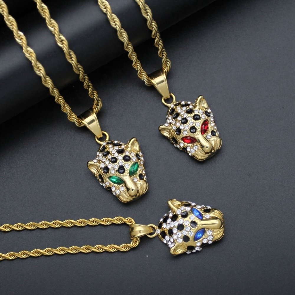 MECYLIFE Hip Hop Bling Bling Leopard Pendant Gemstone Eye Panther Pendant 18K Gold Plated Stainless Steel Cheetah Necklace