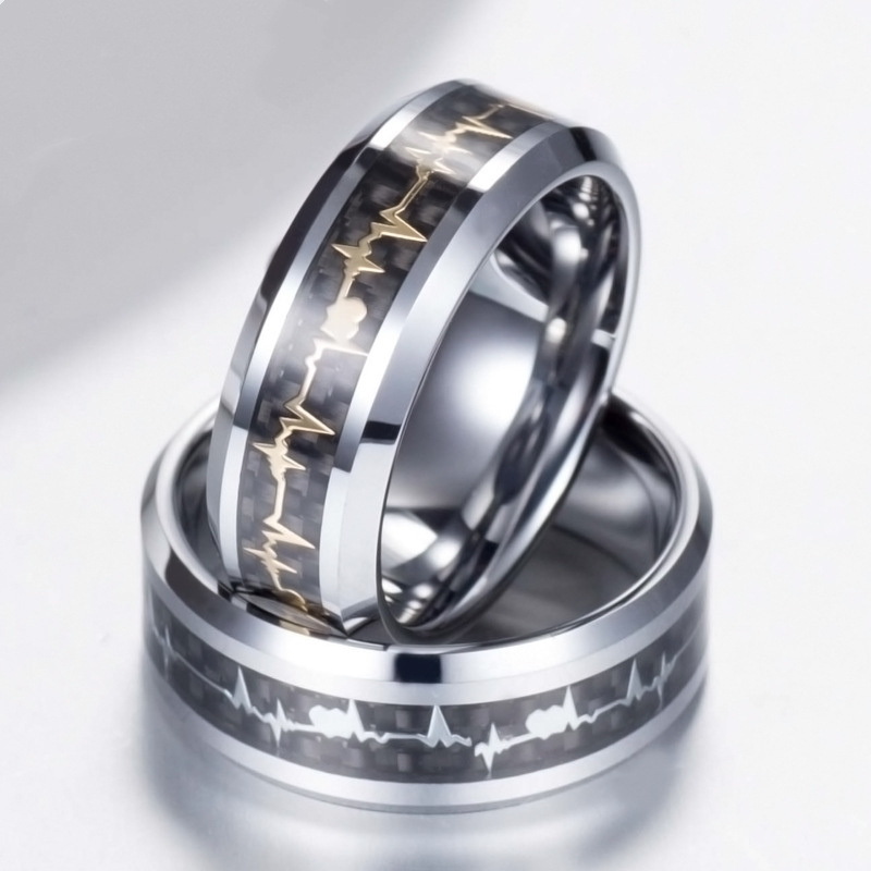 MECYLIFE Carbon Fiber Ring Cardiogram Tungsten Carbide Ring