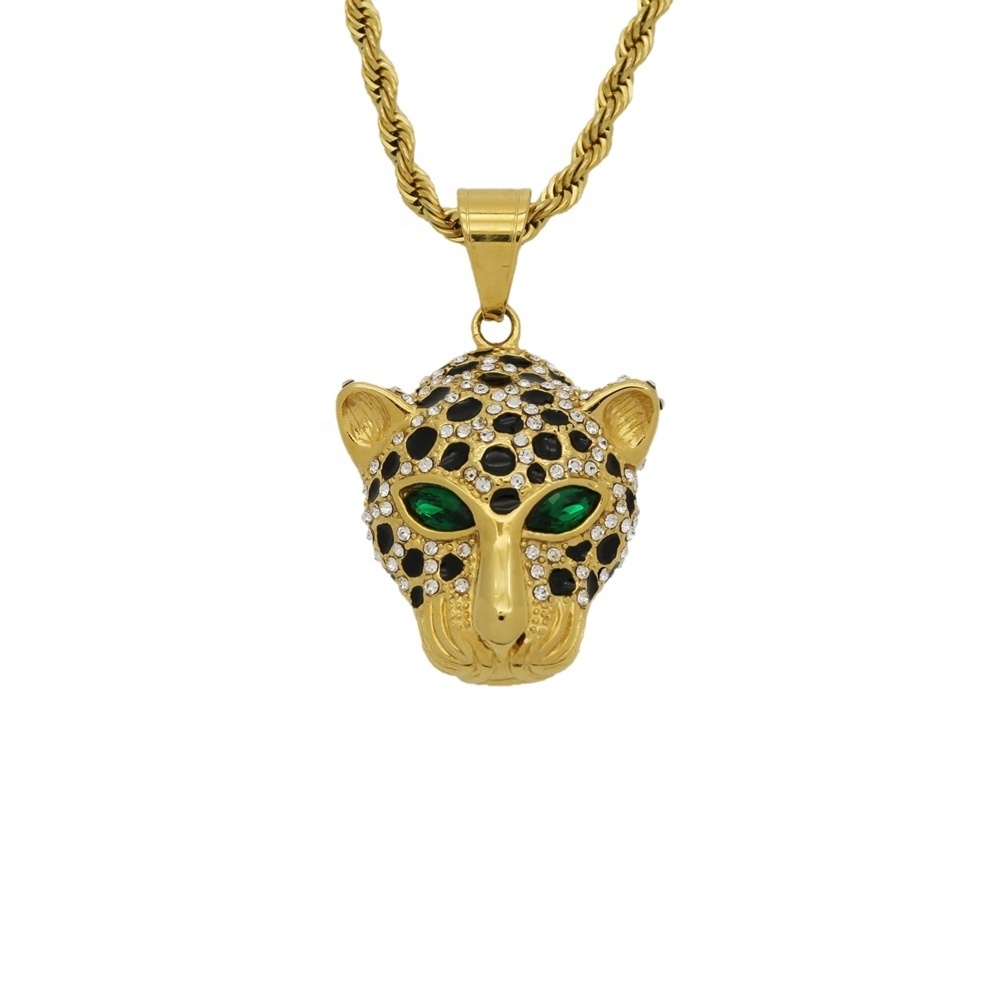 MECYLIFE Hip Hop Bling Bling Leopard Pendant Gemstone Eye Panther Pendant 18K Gold Plated Stainless Steel Cheetah Necklace