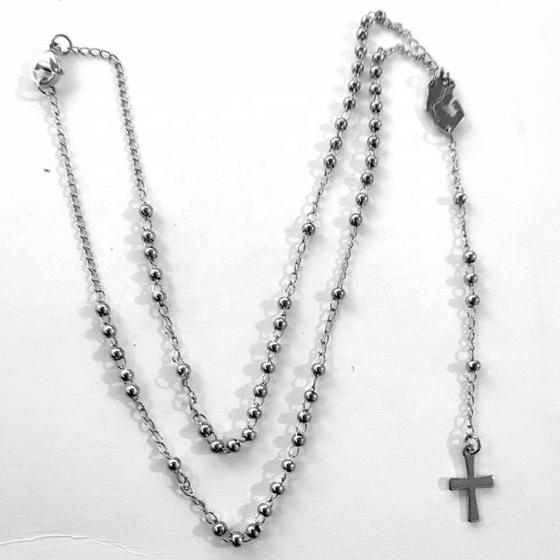 MECYLIFE Catholic Stainless Steel Women Cross Necklace Christian Virgin Mary Necklace 3MM Beads Mala Rosary Necklace