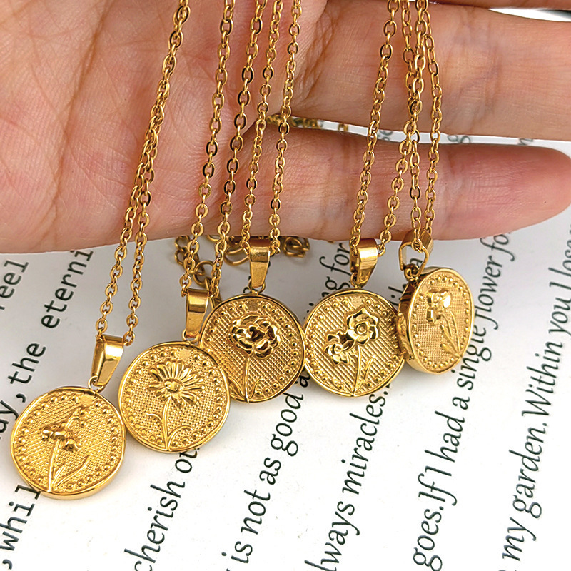 MECYLIFE Personalized Gift 18K Gold Jewelry Stainless Steel Medal Flower Necklace Coin Necklace Birth Month Flower Necklace