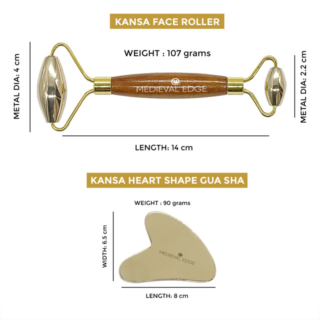 Ayurveda Kansa Metal Face Roller And Heart Shape Kansa Gua Sha Scraping Glowing Massage Tool, Manual Massage For Face