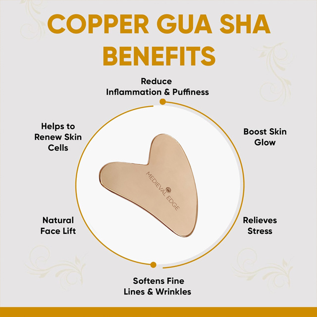 100% Pure Copper Ayurveda Kansa Face Roller And Copper Heart Shape Gua Sha Glowing Scraping Face Massage Tool set of 2