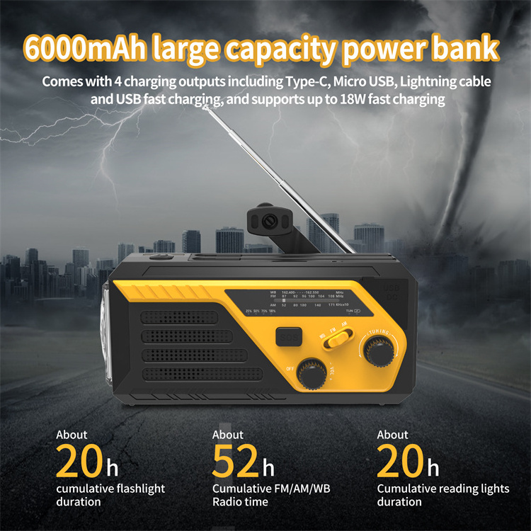 Factory Wholesale Solar Power Bank 6000Mah Emergency Crank Radio With Flashlight