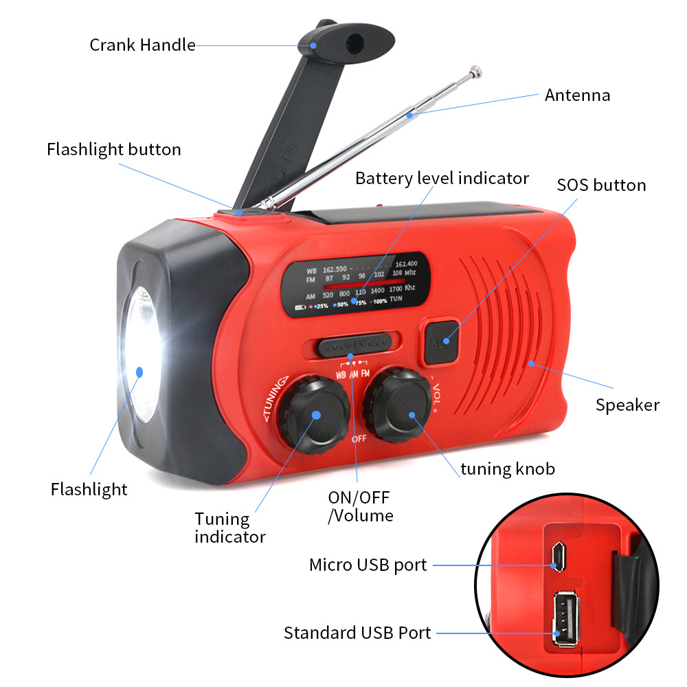 Solar hand Crank flashlight AM/FM/NOAA Portable Outdoor Waterproof Radio with Mobile Charger power bank